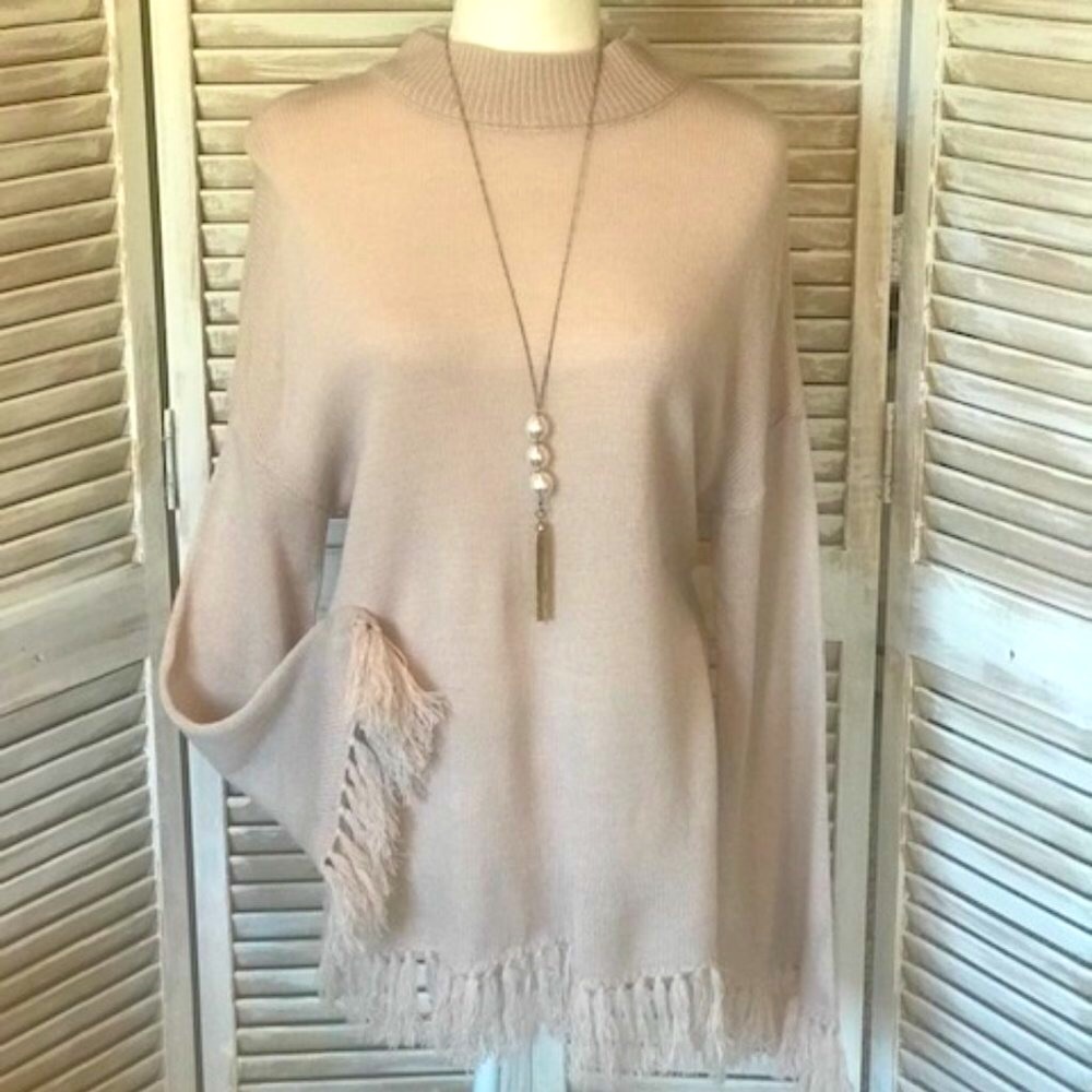 BOUTIQUE- CURVY SWEATER WITH TASSELS, NEUTRAL BLUSH COLOR - Picture 2 of 6